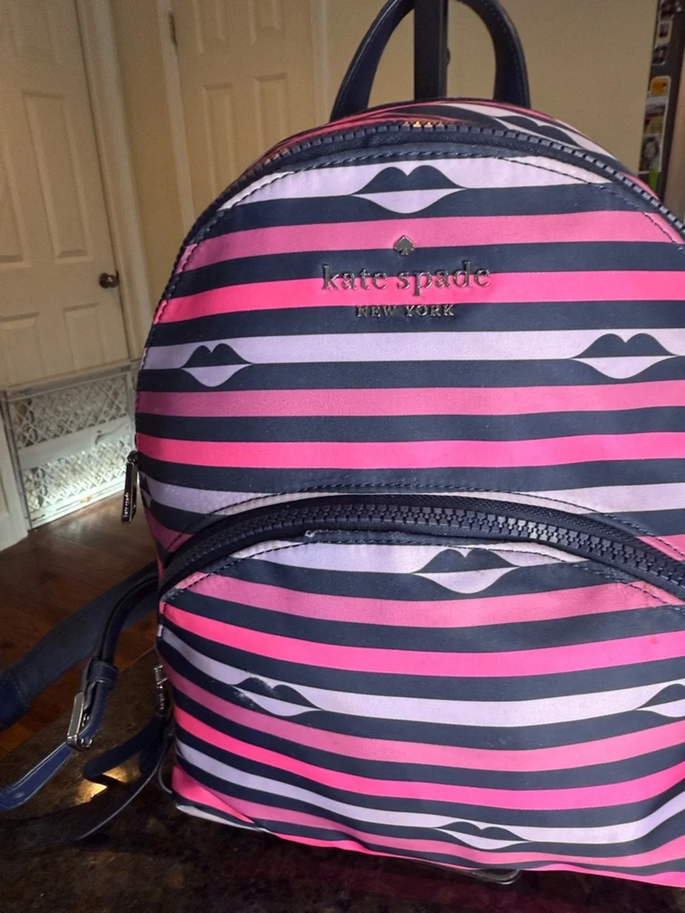 kate spade Navy & Pink Striped Mini Backpack with Lip Motif
